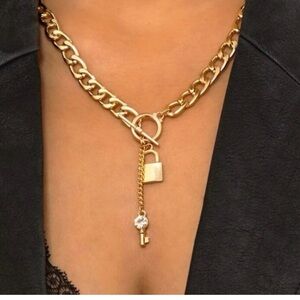 Gold Chain Link and Lock Toggle Necklace